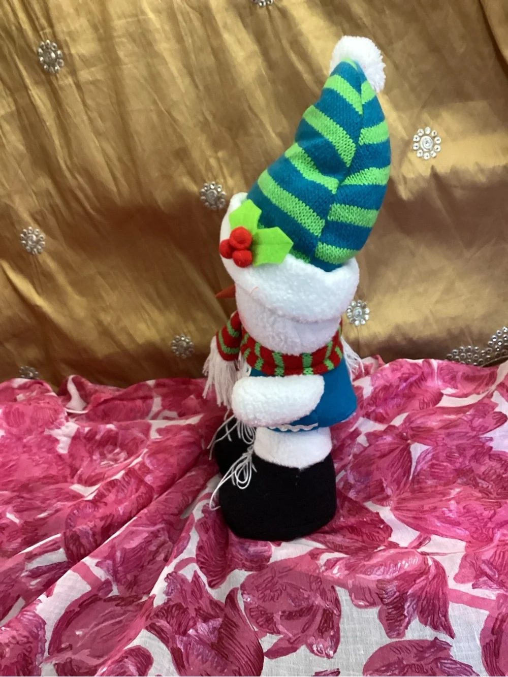Plush Holiday Snowman with Green Striped Hat and Red-Green Scarf